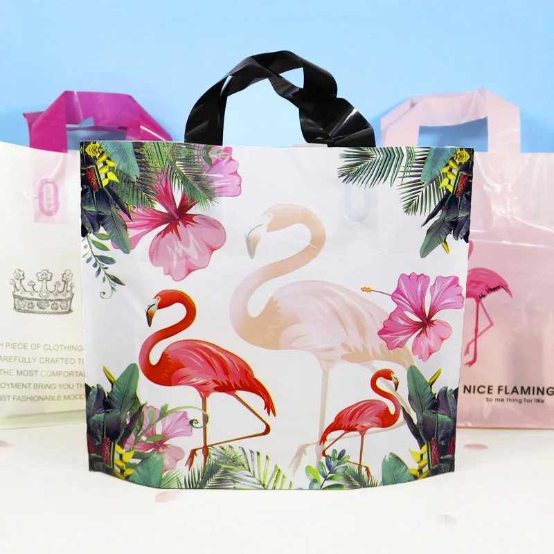 50 шт пластиковая сумка для одежды с ручкой Фламинго посылка для покупок спасибо прозрачные пластиковые подарочные мешки для конфет, Свадебный Вечерние
