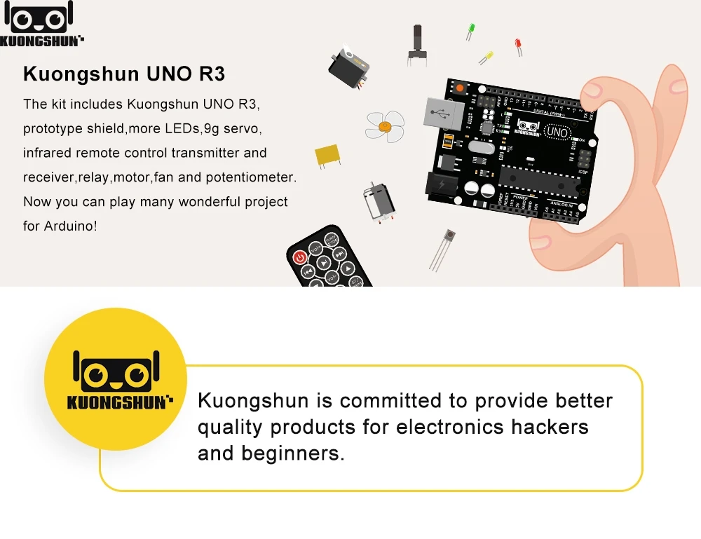 KUONGSHUN профессиональный комплект для начинающих для Arduino Uno R3 с обучающей картой