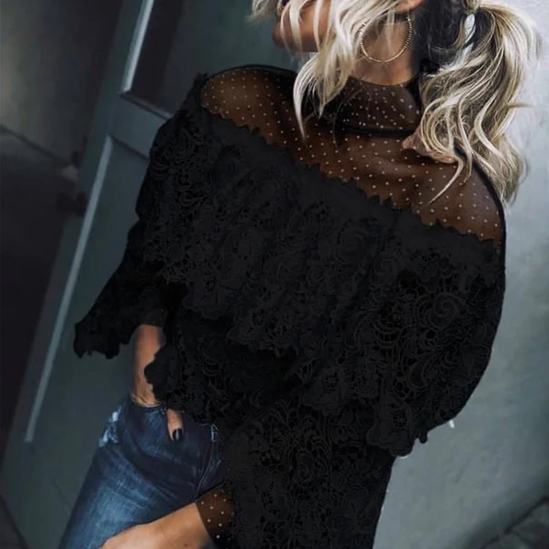 

Lace Hollow Out Sexy Mesh Ladies Shirt Flare Sleeve Patchwork Stand Collar Women's Slim Shirts 2019 Summer Female Tops