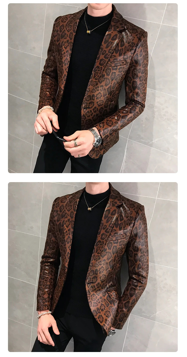 Autumn Leopard Print Mens Blazer Skin Suit Jacket Leather Stage Costumes For Singers Loose Coat Blaser Homens Terno Masculino