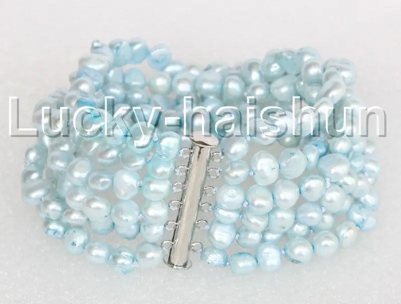 

P90 shipping8" 8mm 6row Baroque light blue pearls bracelet magnet clasp j11120 5.25