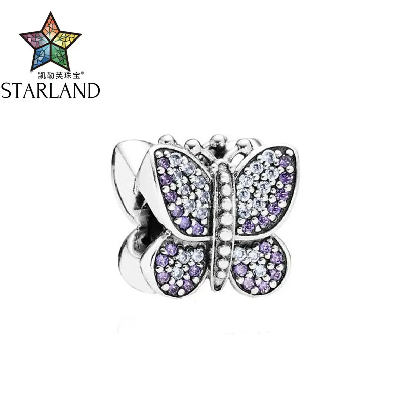 

2018 New Authentic 925 Sterling Silver Charm Purple Sparkling Butterfly colorful Beads Fits Original brand Bracelets
