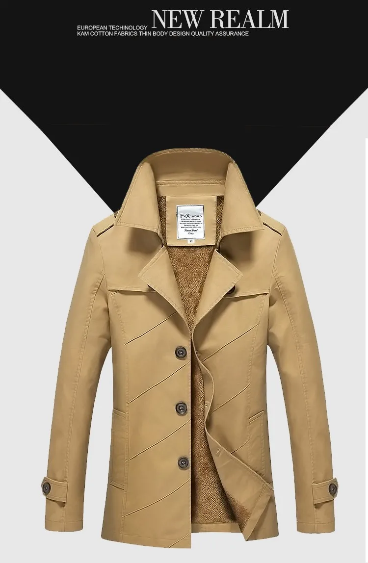Осень Wnter Тренч средней длины пальто для мужчин Slim Fit плюс размер Толстая теплая куртка Longue Homme