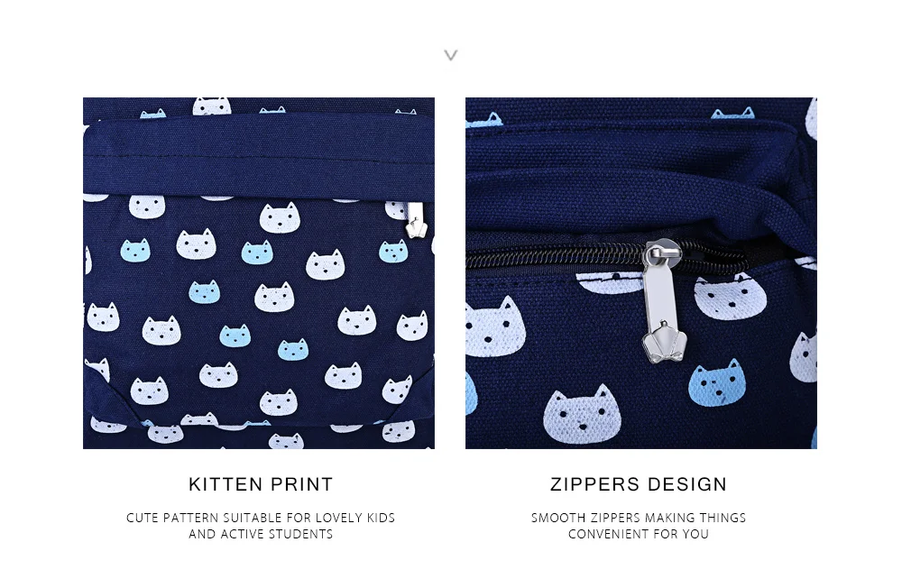 Guapabien 3pcs Preppy Style Kitten Print Zipper Backpack Shoulder Bag Wristlet