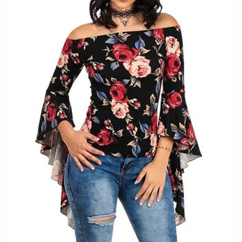 

Women Sexy Off Shoulder Floral Printed Blouse Shirts Sweet Flare Sleeve Long Tassel Blusas Ladies Office Blouse Chemise Femme