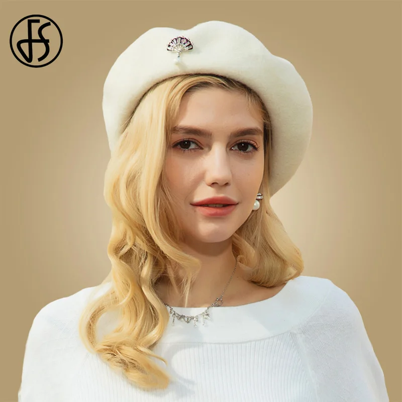 

FS Ladies Warm Black White Wool Winter French Hat Beret Women Girl Berets Femme Artist Beanie Cap For Female Skullies Beanies