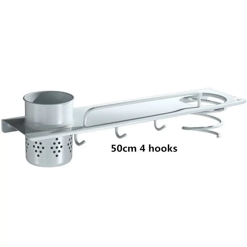 50cm 4 hooks Фен держатель полки в ванной 304 нержавеющая сталь настенный фен стойка с чашкой и крючками белый аксессуары для ванной комнаты - Цвет: 50cm 4 hooks