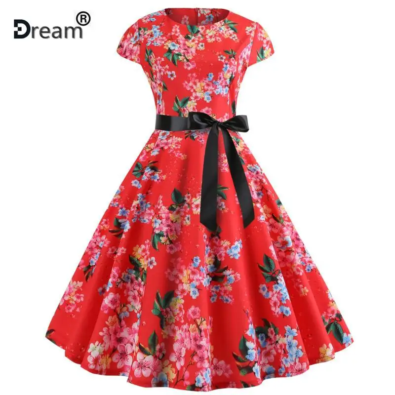 

Casual Summer Vintage Dress Women 2019 Sexy 50s 60s Floral Print Party Dresses Elegant Red Retro Swing Short Sleeve Belt Tunic