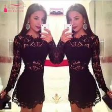 Langen ärmeln schwarzen kurzen cocktail dress heißer dünne spitze sheer taille sexy party dress vestido de festa curto