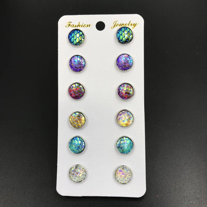 

6 pairs/lot Colorful Mermaid Fish Scale Stud Earrings Sets For Women Resin Round Druzy Small Earring Female Jewelry Gift Brincos