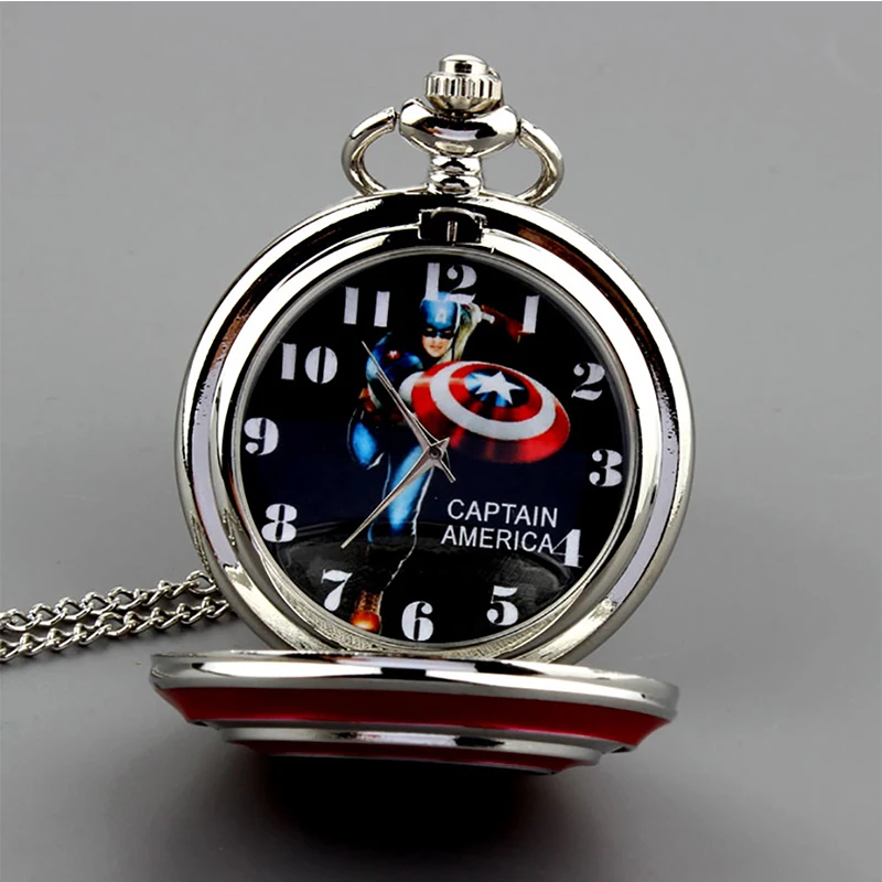 Винтаж Капитан Америка Медь карманные часы ретро Marvel Comics Звездные щит Fob часы с цепочкой кулон Детский подарок