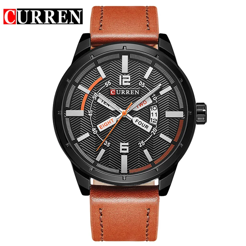 

CURREN Brown Genuine Leather Belt Creative Calendar Window Design Waterproof Mens Sport Watch Top Brand Luxury Quartz Male Clock