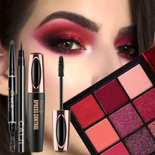 Бренд, 4 шт., набор для макияжа глаз, 9 цветов, мерцающие тени для век, палитра, черная густая тушь для ресниц, жидкая подводка для глаз, ручка, темно-коричневый цвет, для бровей