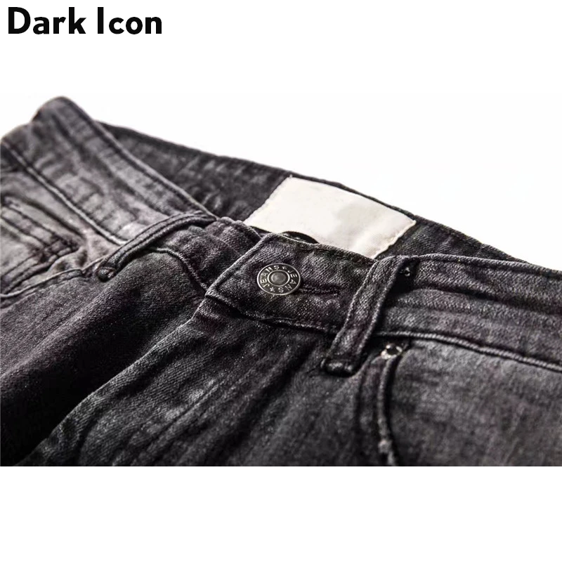 DARK ICON Pleated on Knee Men's Jeans High Street Motorcycle Denim Pants Men Full Length