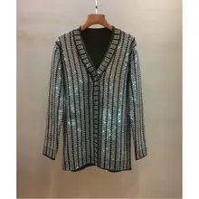 Весеннее стильное приталенное пальто с длинными рукавами и бриллиантами вязаный кардиган с покрытием модная куртка на пуговицах высокого качества