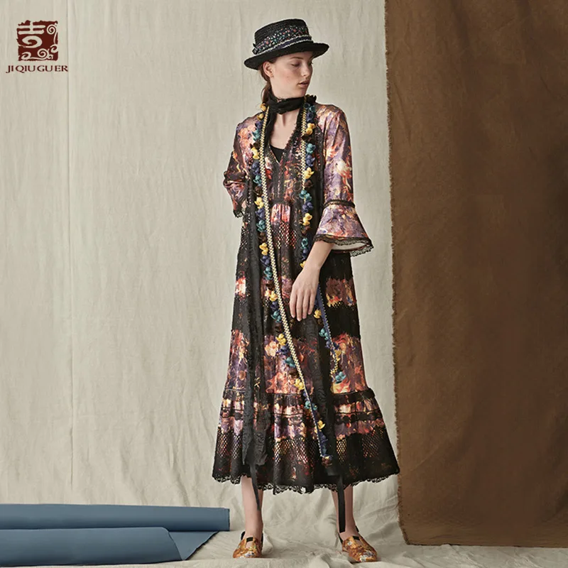 Jiqiuguer Women Spring Casual Floral Lace Dresses V-Neck Print Three Quarter Patchwork Pullover Mid-Calf Vestidos G183Y016 | Женская