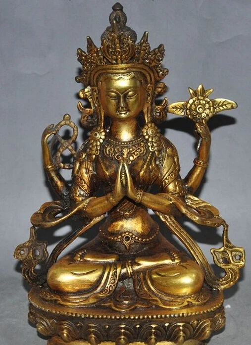 

743++9" tibet buddhism bronze gilt 4 Arms Chenrezig bodhisattva goddess buddha statue