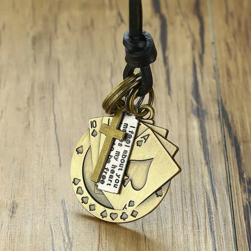 

Men's Royal Flush Pendant Poker Playing Cards Leather Necklace with Cross Tag Made of Metal Casino Club Jewelry Adjustable