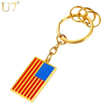 

U7 Brand US Flag 4th of July Charm Keychain For Men/Women Gift Gold Color Stainless Steel American Symbol Key Ring Chain K017