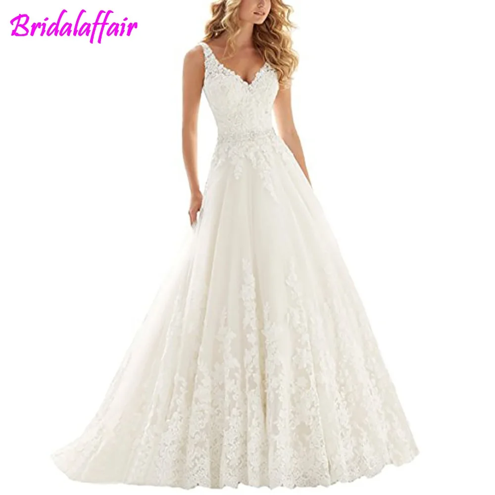 

Lace V Neck Wedding Dress Beaded Bridal Dresses Appliques Straps Wedding Gown vestido de noiva 2018 princess wedding dresses