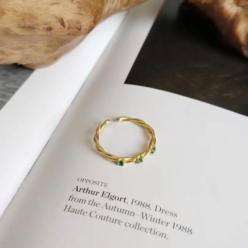 

925 Sterling Silver Green Zircon Rings Gold Fashion Adjustable Open Finger Rings For Women Girls Charm Engagement Jewelry