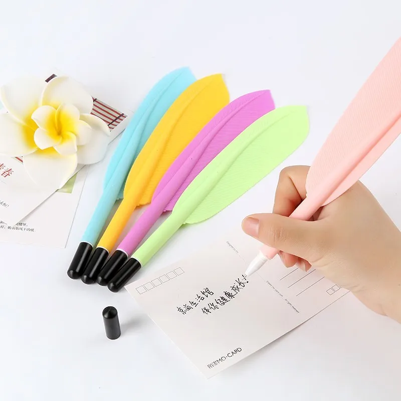 

36 Pcs/lot Candy Color Feather Shaped Gel Pen Cute 0.5mm Black Ink Feather Pens for Writing Escolar Office School Supplies