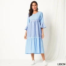 New 2019 Summer Gingham Striped Print Women Dress Spring Three Quarter Length Sleeve A Line Maxi Dress Round Neck Loose Dreess New 2019 Summer Gingham Striped Print Women Dress Spring Three Quarter Length Sleeve A Line Maxi Dress Round Neck Loose Dreess