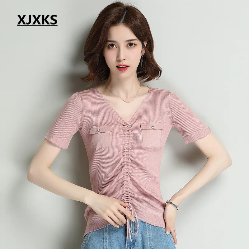 

XJXKS Women's Knitted T-Shirt 2019 Summer New High Elastic Comfortable Fashion V-neck T-Shirt Women's Short Sleeve Top