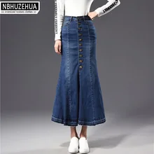 NBHUZEHUA T857 юбки с высокой талией, Женская длинная юбка, винтажная джинсовая юбка русалки размера плюс, эластичная джинсовая юбка, Весенняя 5XL 6XL 7XL