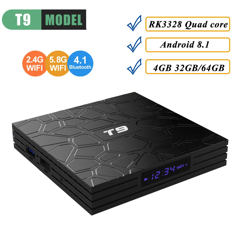 

T9 TV Box 4GB 32GB/64GB RK3328 Quad Core Smart Set Top Box Android 8.1 Bluetooth 4.0 H2.65 4K 2.4G/5G WIFI Set-top box