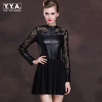 

New Ladies Sheepskin Genuine Leather Lace Dresses Women Sexy Mini Length Spring Wedding Party Vestidos Patchwork Punk Dress