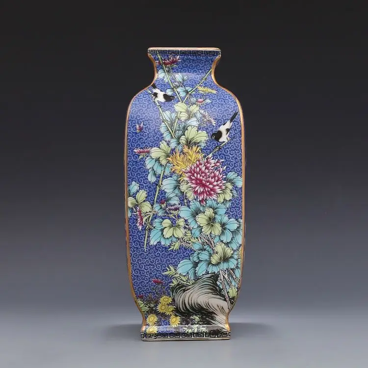 blue Qing Dynasty Qianlong год марка эмаль цветок и птица площадь большая ваза античный фарфор древняя фарфоровая коллекция - Цвет: blue