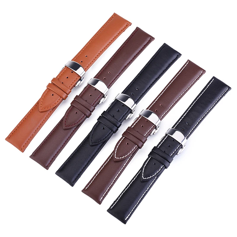 

ALK Leather Watch Band Strap Butterfly Deployant Buckle 14 16 18 20mm 22mm 24mm Polished Metal Clasp Watch Accessories