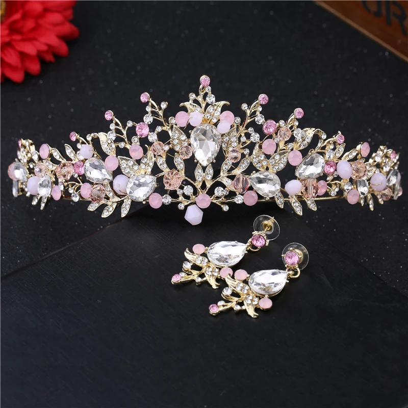 Pink Crystal Tiara for Women Wedding Hair Accessories Handmade