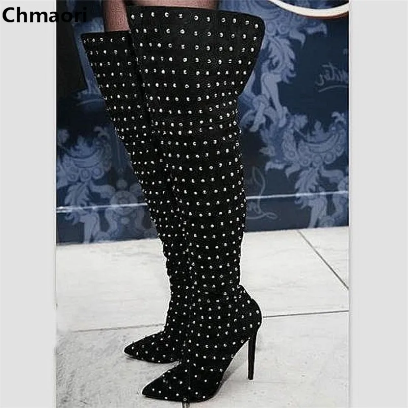 

Newest Arrival High Quality Leather Pointed Toe High Heels Motorcycle Long Boots Rivets Decorated Over The Knee Thigh High Boots