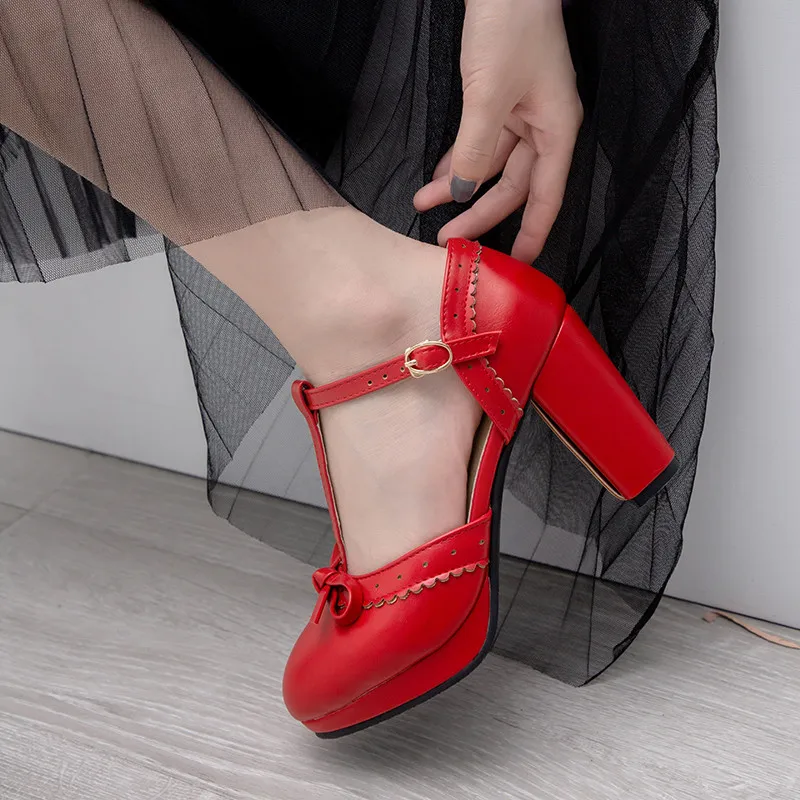 

YMECHIC Sweet Cute Red Pink Blue Black Party Princess Lolita Shoes Bowtie T Strap Platform Block High Heel Pumps Women Summer