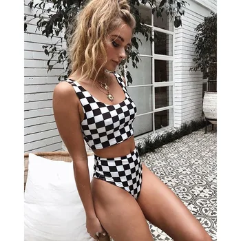 

Plaid U Neck Women Bikini Set Sexy Black&White Bathing Suits Swimwear High Waist Push Up Triangle Swimsuits Beachwear