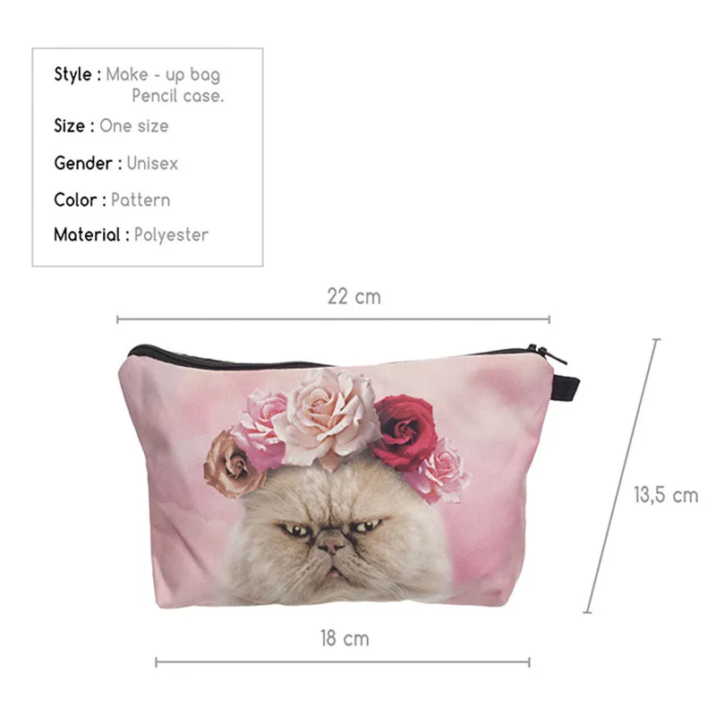 Для женщин милый мультфильм подарок косметический сумки 3D печать вместительный кошка косметичка многофункцион