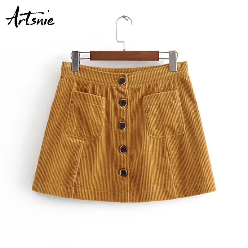 Artsnie Army Green Winter Corduroy High Waist Mini Skirt Women Button Double Pockets Casual Autumn Short A Line Skirt Femme - Цвет: Khaki