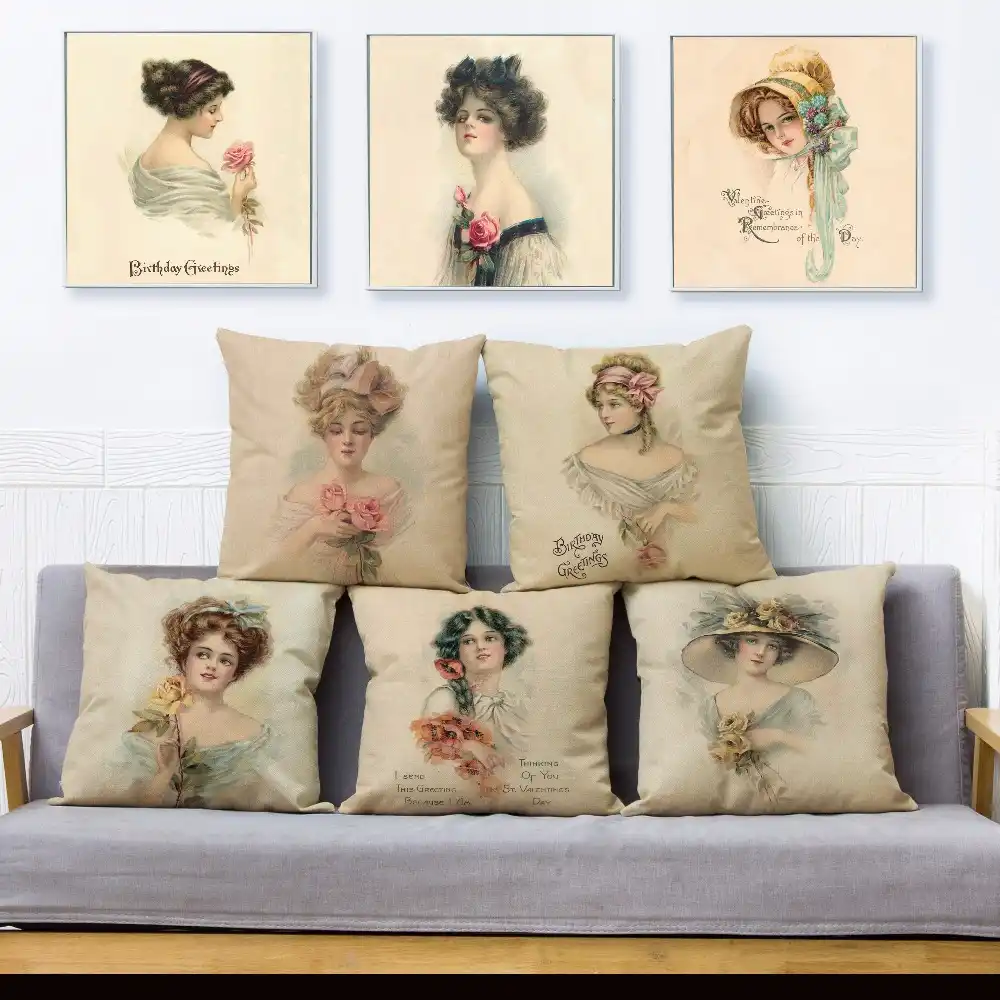 Europe Vintage Woman Lady Girl Print Throw Pillow Cushion Covers Linen Pillow Europe Vintage Woman Lady Girl Print Throw Pillow Cushion Covers Linen Pillow