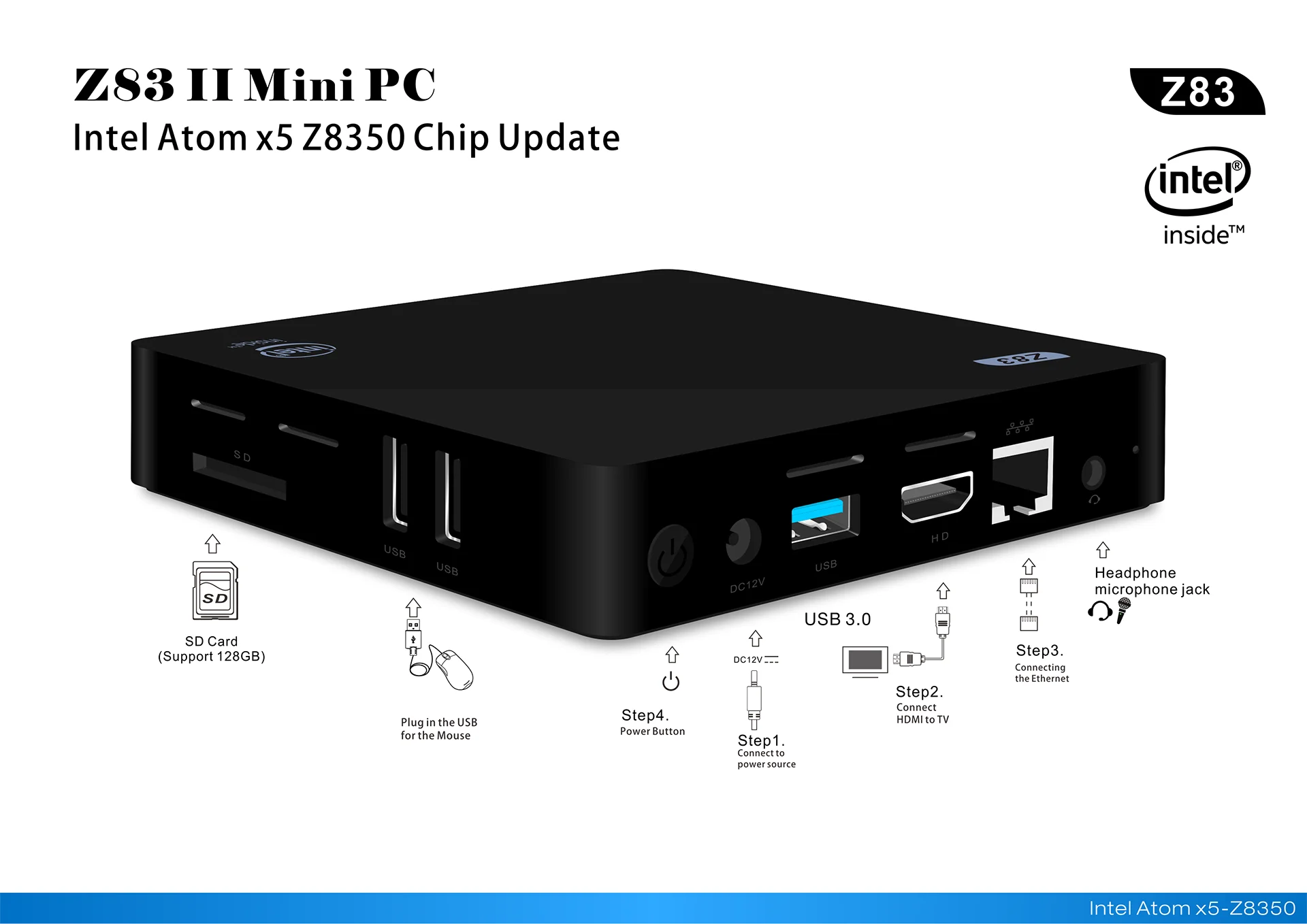 Z83II Мини ПК Windows 10 Intel Atom Z8350 Четырехъядерный 4 ГБ/64 Гб 5,8G двойной WiFi 1000M LAN Настольный win10 лицензированный Мини компьютер