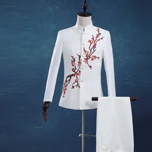 Новые белые мужские костюмы с длинными рукавами и вышитым цветком сливы и блейзер бутик деловой костюм