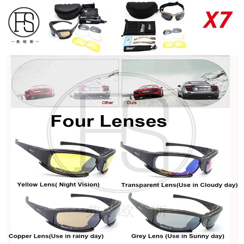 Tactical X7 C5 Goggle Glasses With 4 Lens Amry Sunglasses For Shooting War Game Use Polarized