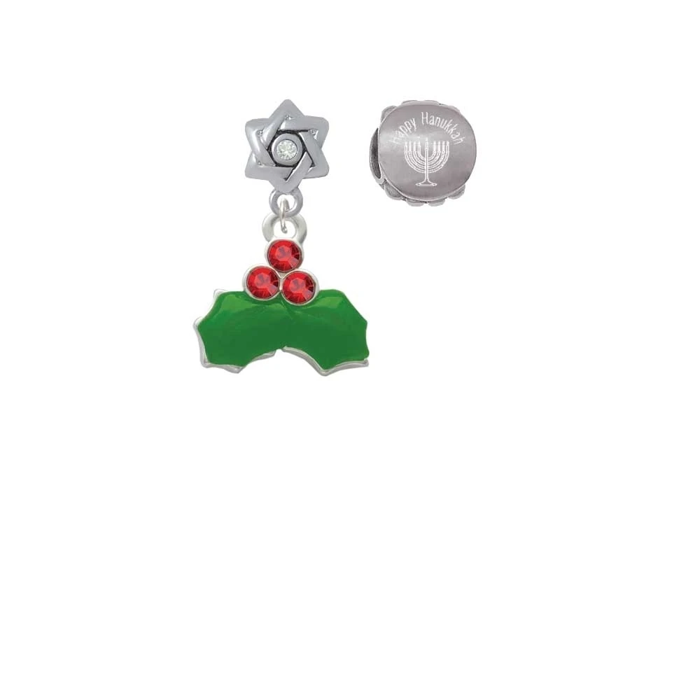 Christmas Holly & Red Crystal Berries Happy Hanukkah Charm Beads (Set of 2)