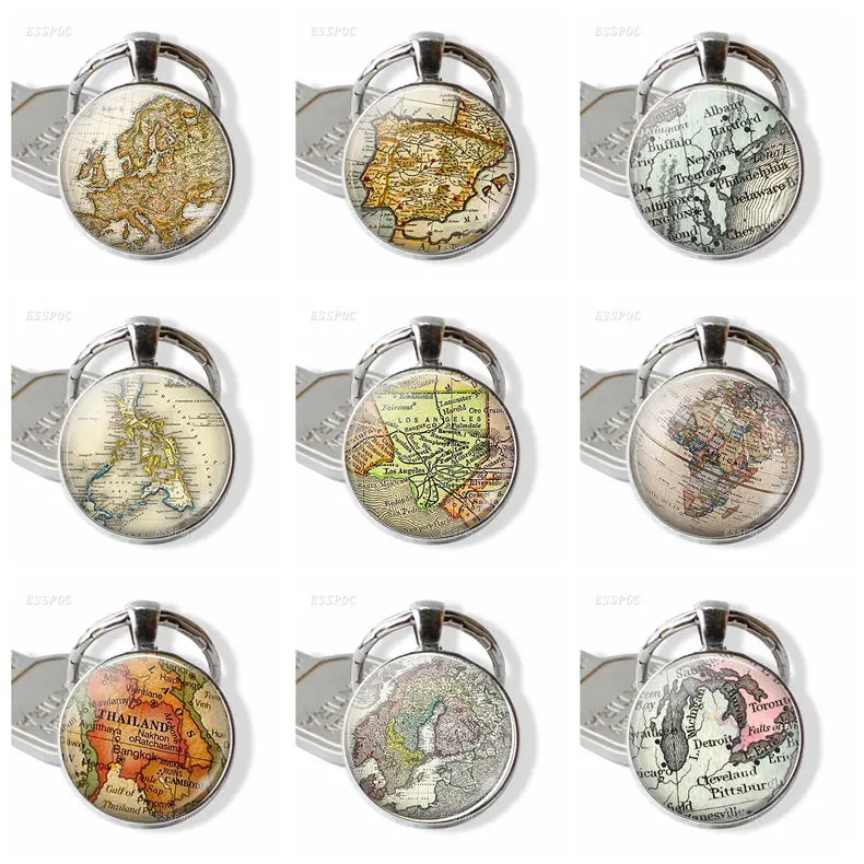 

Spanish Paris Phillipines Los Angeles Thailand Map Key Chain Glass Dome Pendant Literary Silver Jewelry Key Ring Traveller Gift
