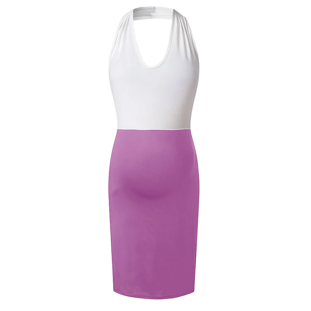 MUQGEW Maternity Dress Women Summer Sleeveless Halter Clothes for Pregnant Casual Loose Patchwork Dresses Pregnancy Dress S-5XL