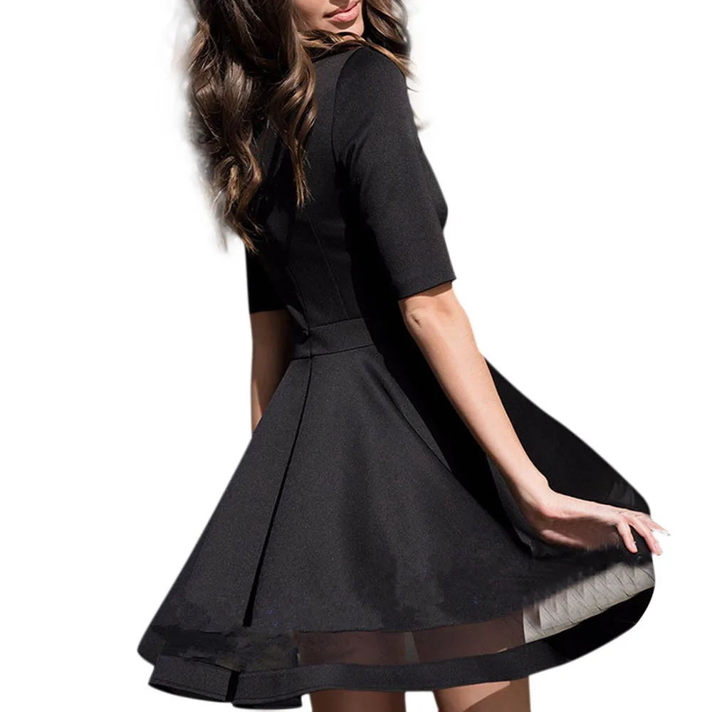 Sezy Fishnet Short Dress Women Half Sleeve Solid O Neck Casual Dresses ...