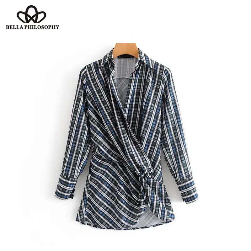 Wonder 2018 autumn vintage pleated cross v neck plaid kimono Shirt blouses women autumn casual chic roupas femininas shirts tops