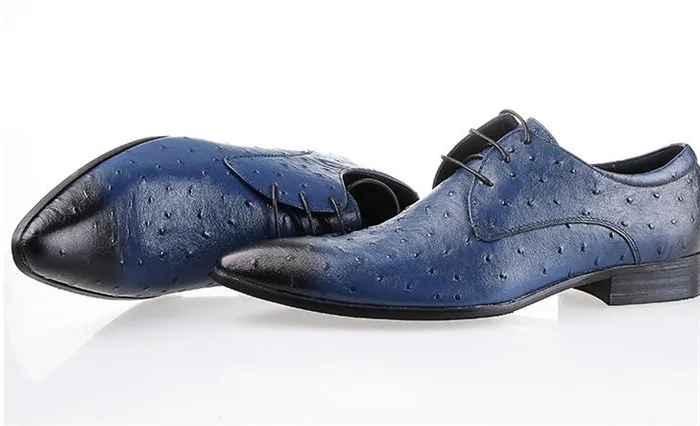 Fashion blue ostrich grain leather shoes European British business men's shoes pointed toe lace-up leather shoes black