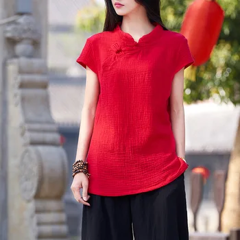 

2019 Summer Women's Cotton Linen T-Shirts Vintage Loose Solid Color Stand Short Sleeve Tshirts Hedging Women Casual Tops